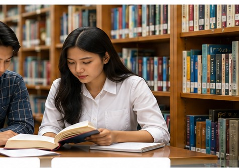 Mahasiswa belajar di perpustakaan